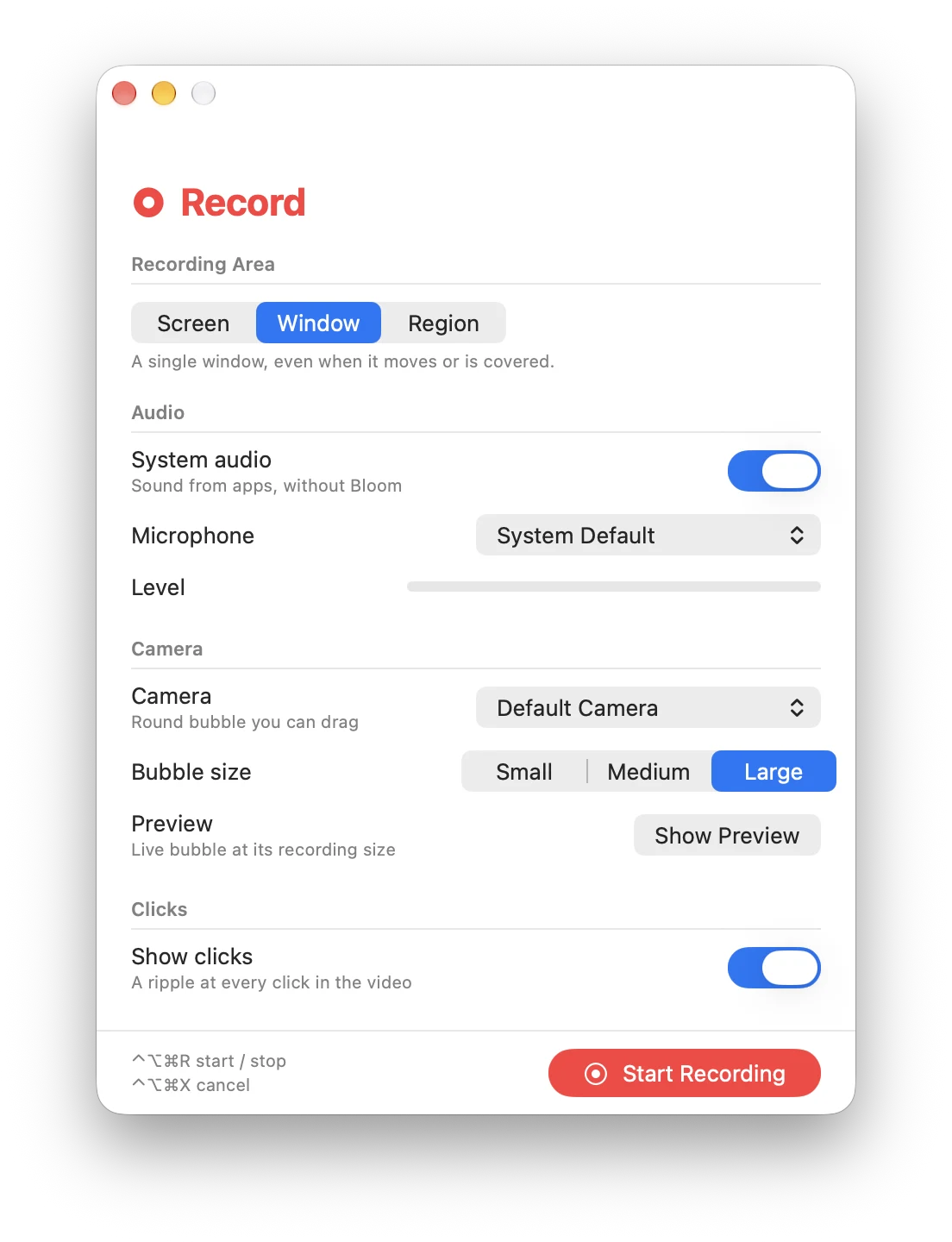 Bloom's Record page: recording area, system audio, microphone, camera bubble and click options
