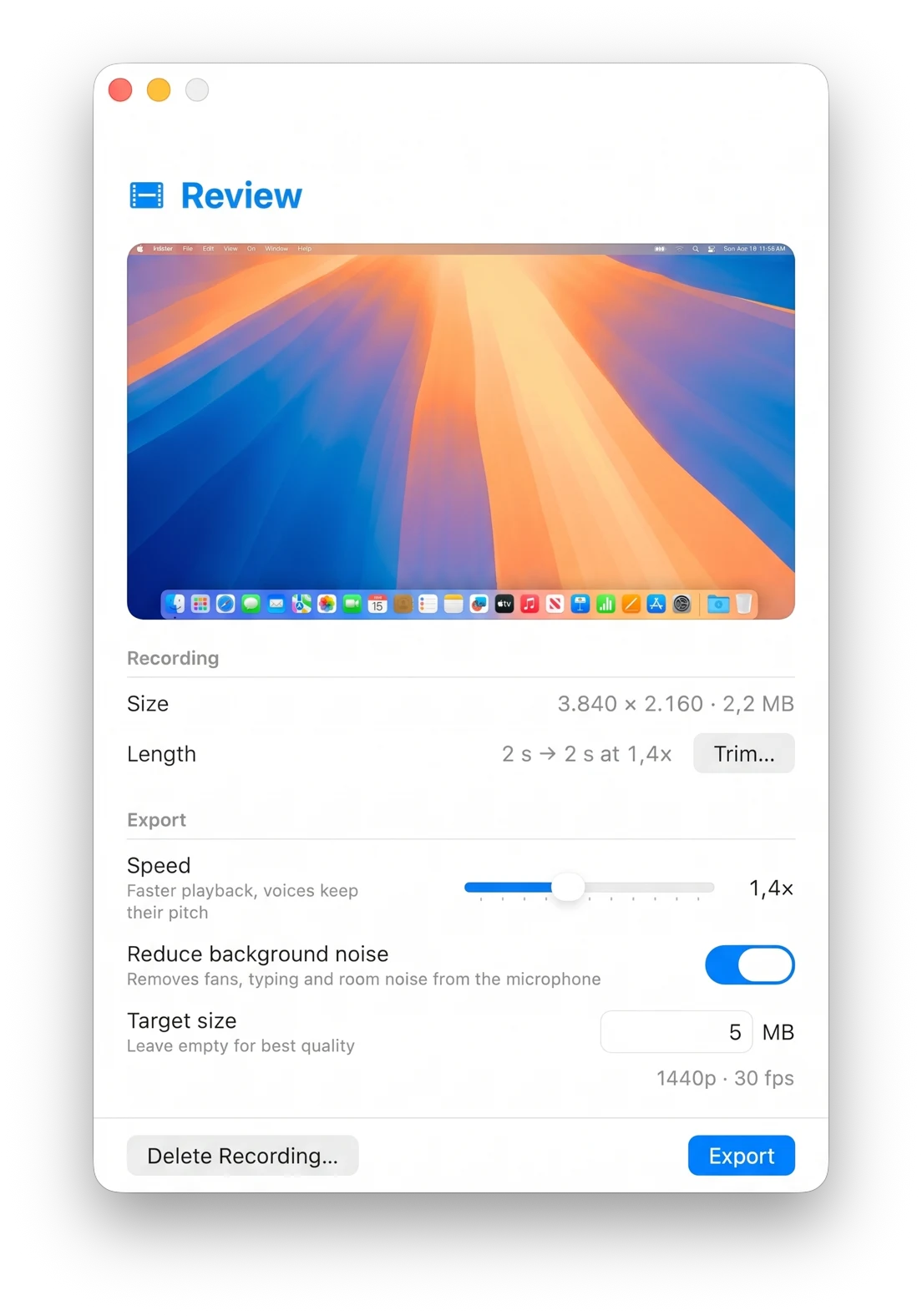 Bloom's Review page: preview of the recording, trim, speed, background noise reduction and target size
